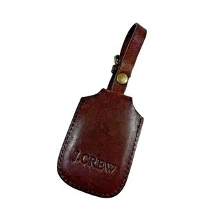 Vtg J. Crew Leather Luggage Tag Travel Identification Hanging Tag Brown Patina